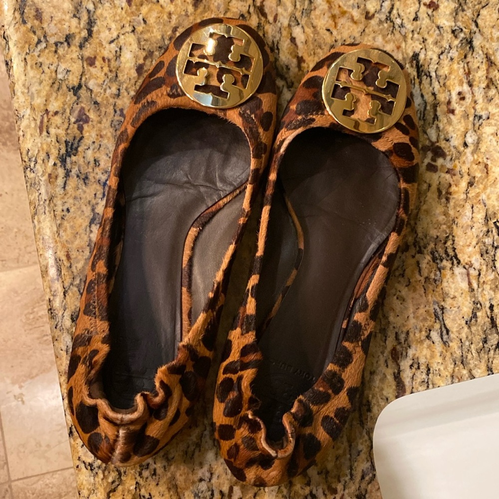 Tory Burch Leopard Print Reva Ballet Flats with Gold Logo